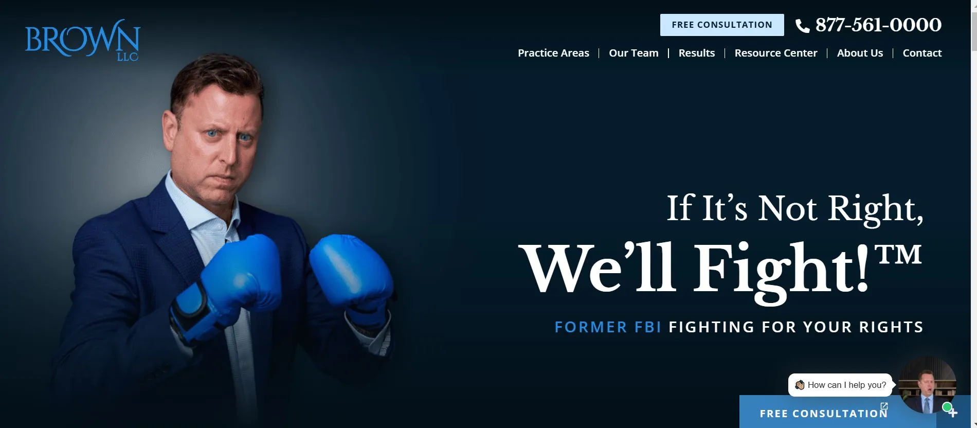 Man in suit wearing blue boxing gloves stands next to law firm slogan on a dark blue background.