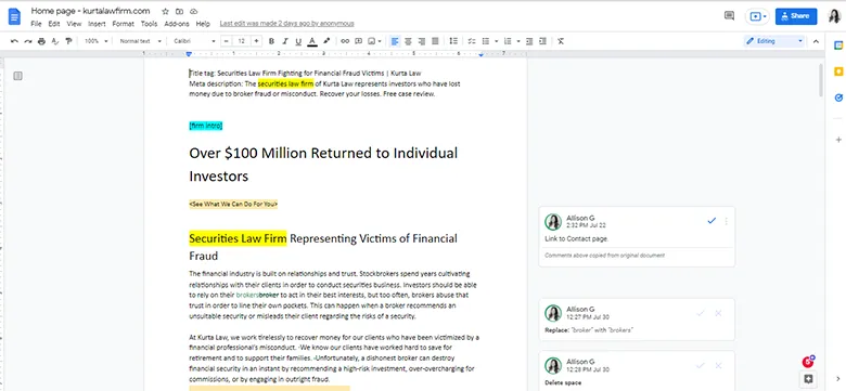 Screenshot of a Google Docs page showing text edits and highlighted sections with comments.