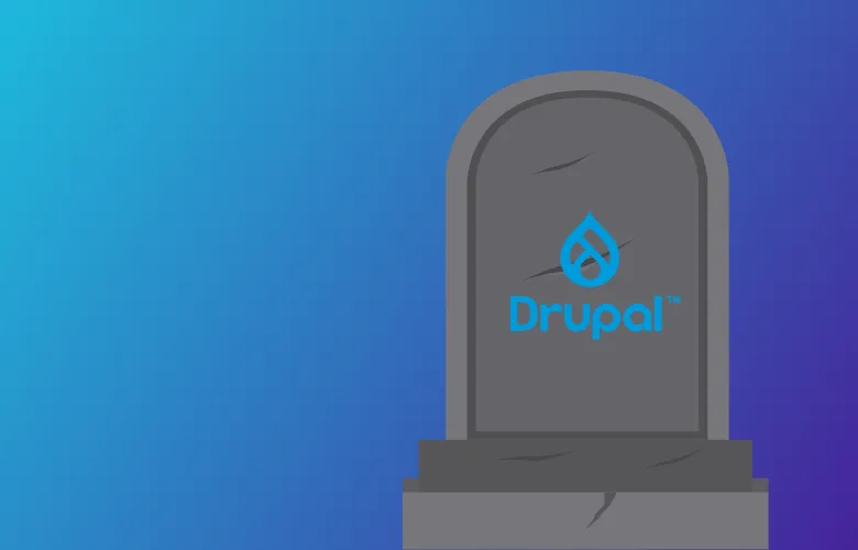A gravestone with the Drupal logo and "Drupal 7 alternative" on a blue gradient background.