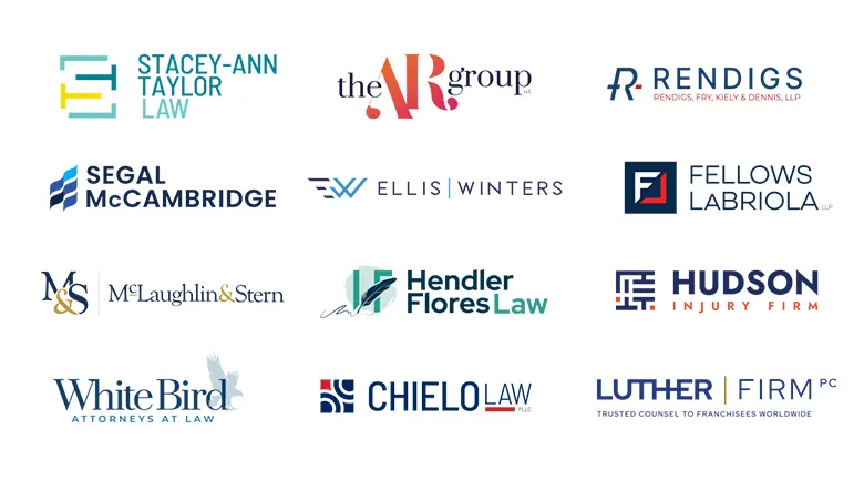 A grid of 15 different law firm logos with various colors and fonts on a white background.