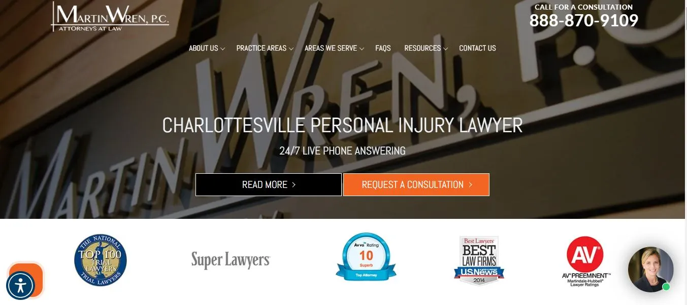 MartinWren, P.C. Charlottesville personal injury lawyer website homepage with contact details.