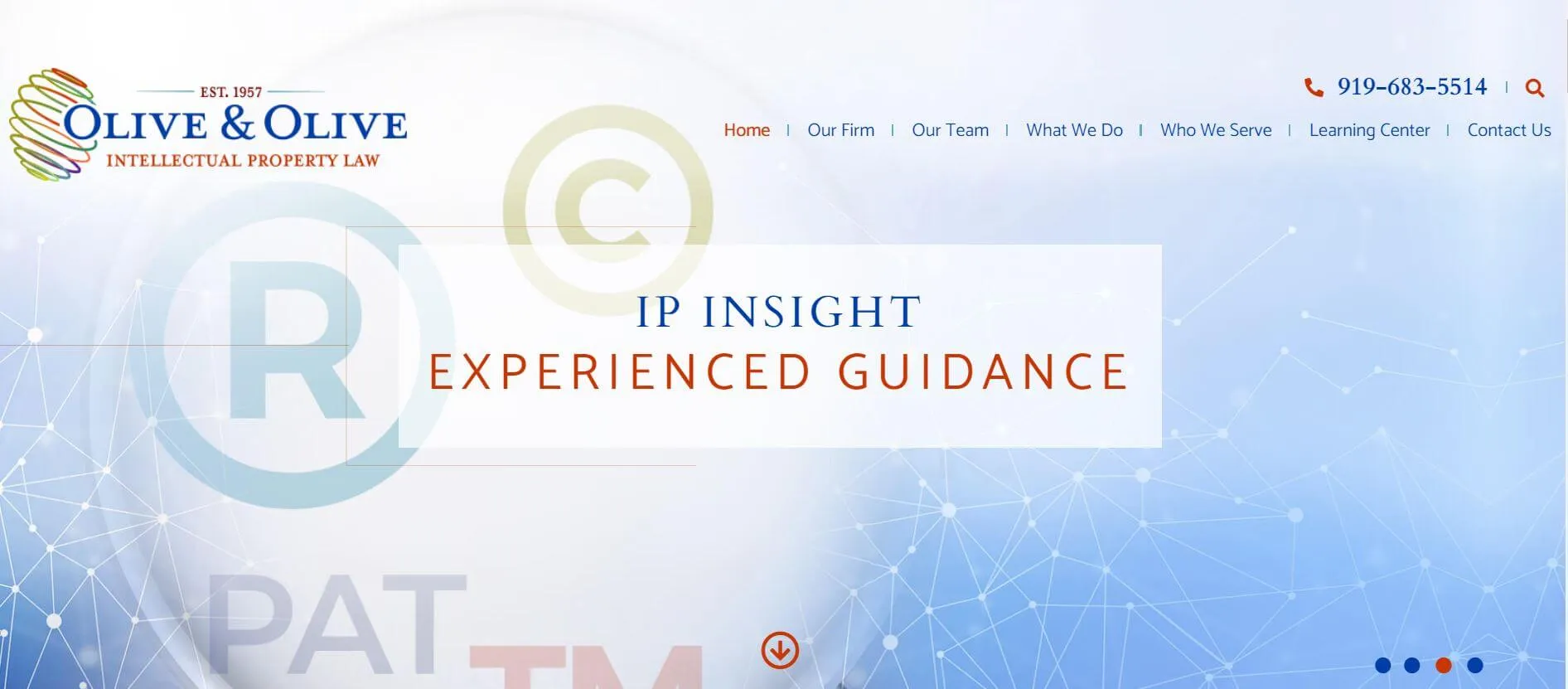 Homepage of Olive & Olive Intellectual Property Law firm with contact info and navigation menu.