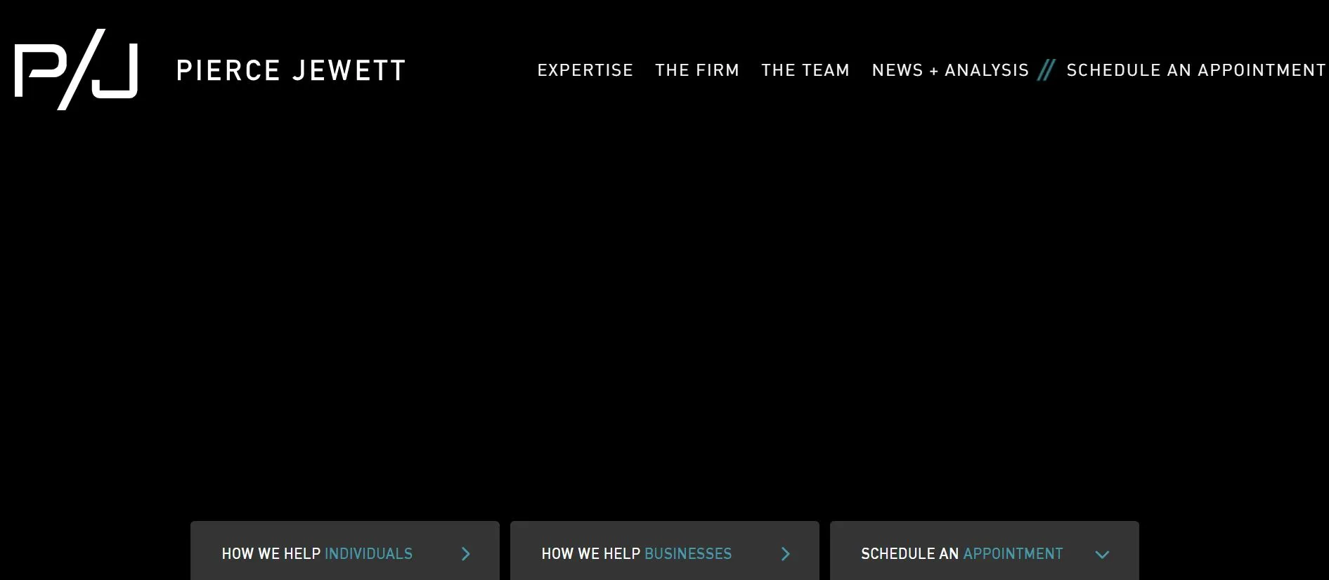 Website header for Pierce Jewett law firm with navigation links and three action buttons below.