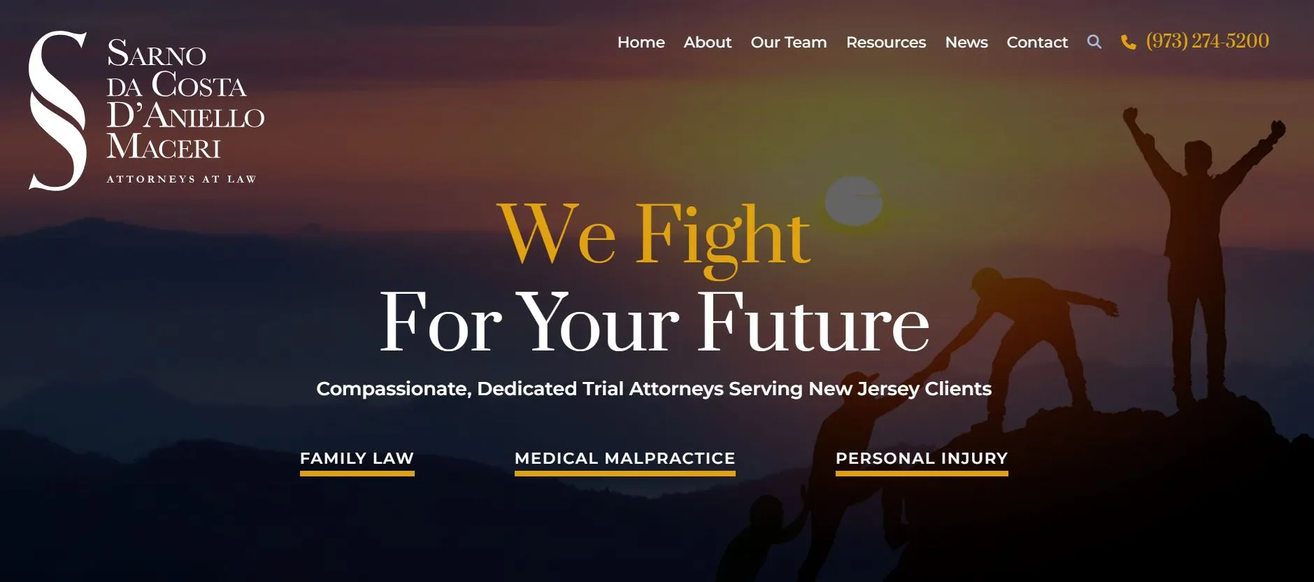 Silhouettes of people on a hilltop at sunset; law firm's website header and navigation.