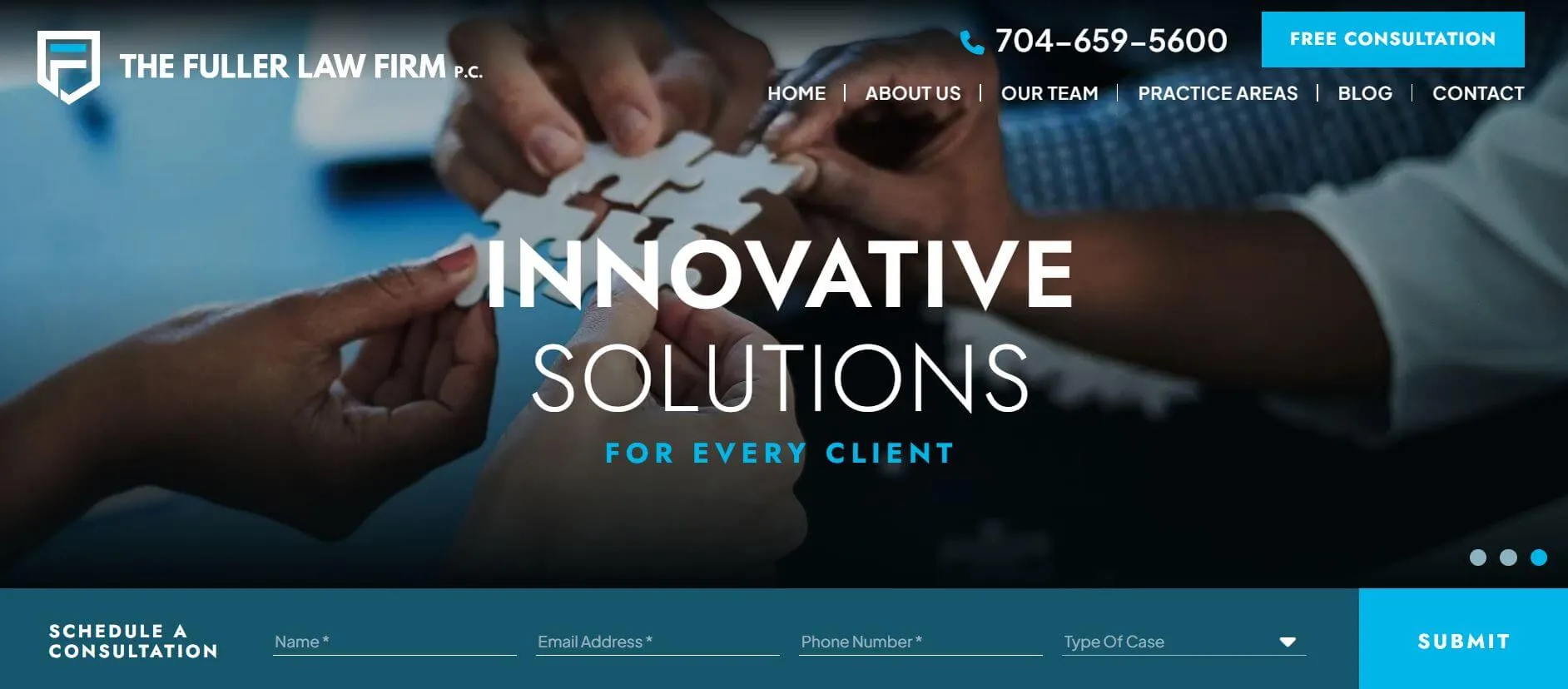 Three people assemble white puzzle pieces at a table; law firm branding and menu overlay the image.