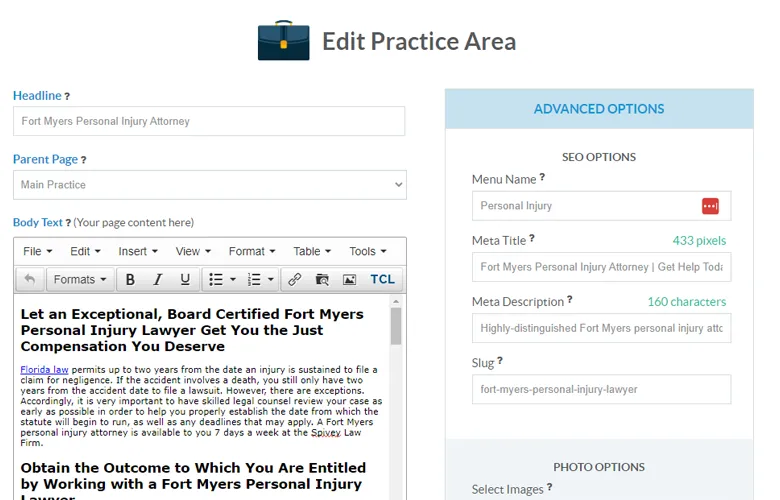 Screenshot of a website editor displaying fields for editing a personal injury attorney page.