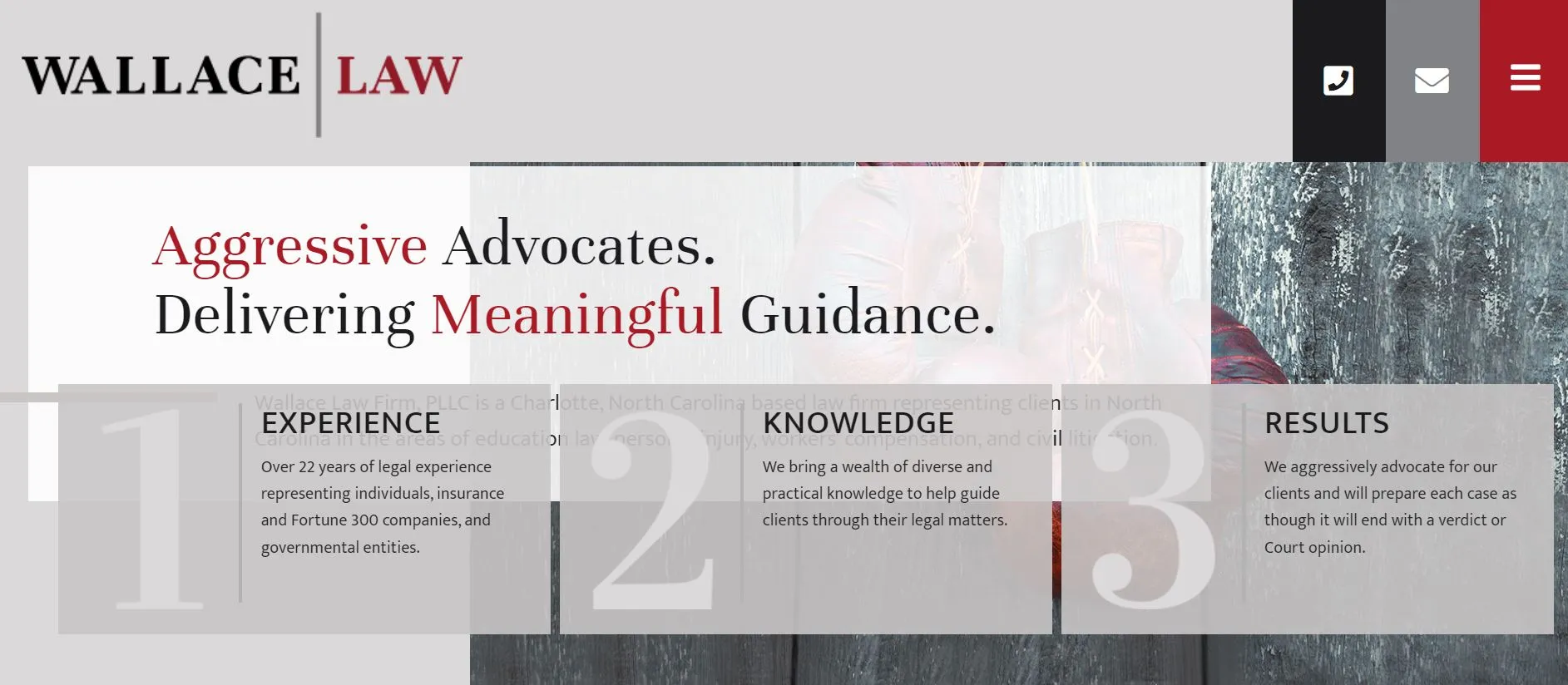 Wallace Law website section highlighting advocacy, guidance, experience, knowledge, and results.