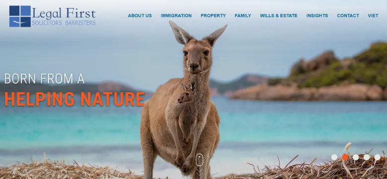 Kangaroo with a joey in front of a beach, Legal First logo and menu visible at top.