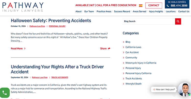 Screenshot of a law firm's blog page with articles on Halloween safety and truck accident rights.