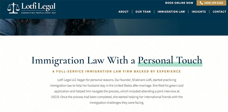 Screenshot of Lotfi Legal's website with headline: "Immigration Law With a Personal Touch.
