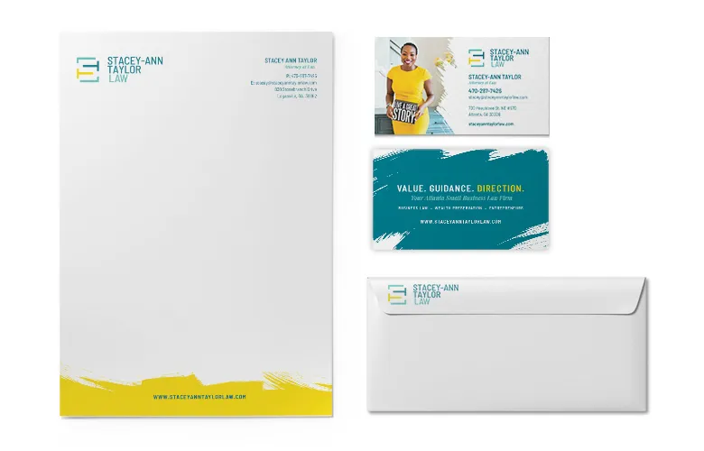 Stationery set with branded letterhead, business cards, and envelope in blue and yellow design.