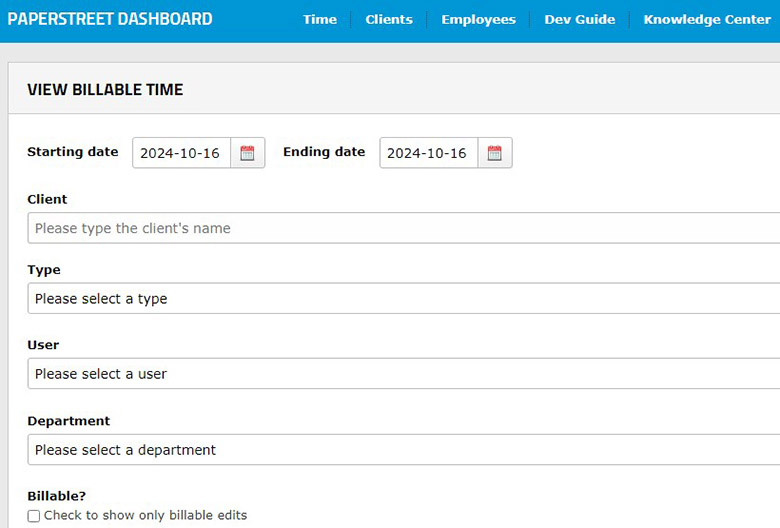 A web dashboard form for viewing billable time with date, client, type, user, and department fields.