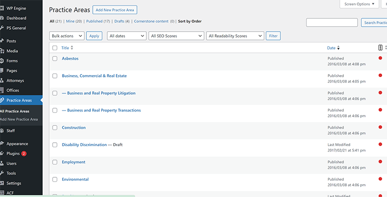 A WordPress admin dashboard showing a list of practice areas with publish statuses.