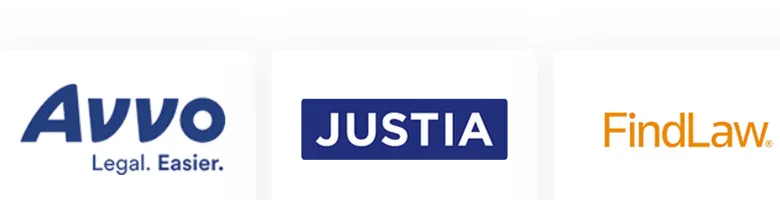 Logos of Avvo, Justia, and FindLaw, three online legal service platforms, side by side.