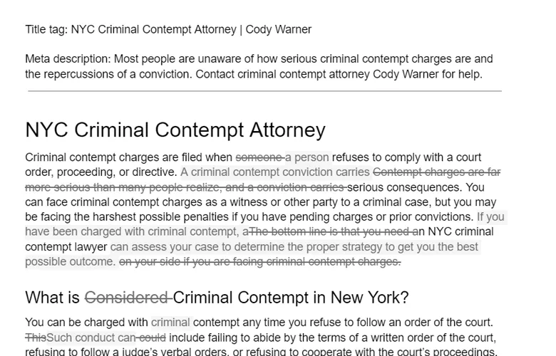 Screenshot of a legal website explaining NYC criminal contempt attorney services and related charges.