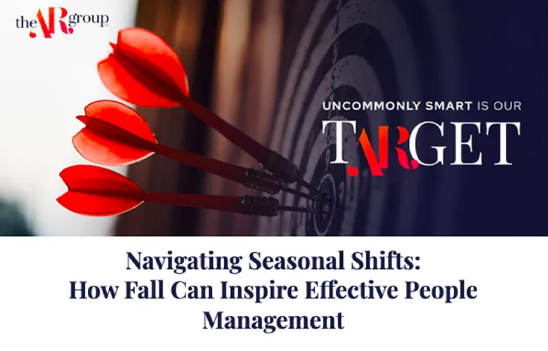 Three red darts hit the center of a dartboard, with text about people management in fall.