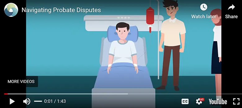 Animated scene of a patient in a hospital bed with two people standing beside him.