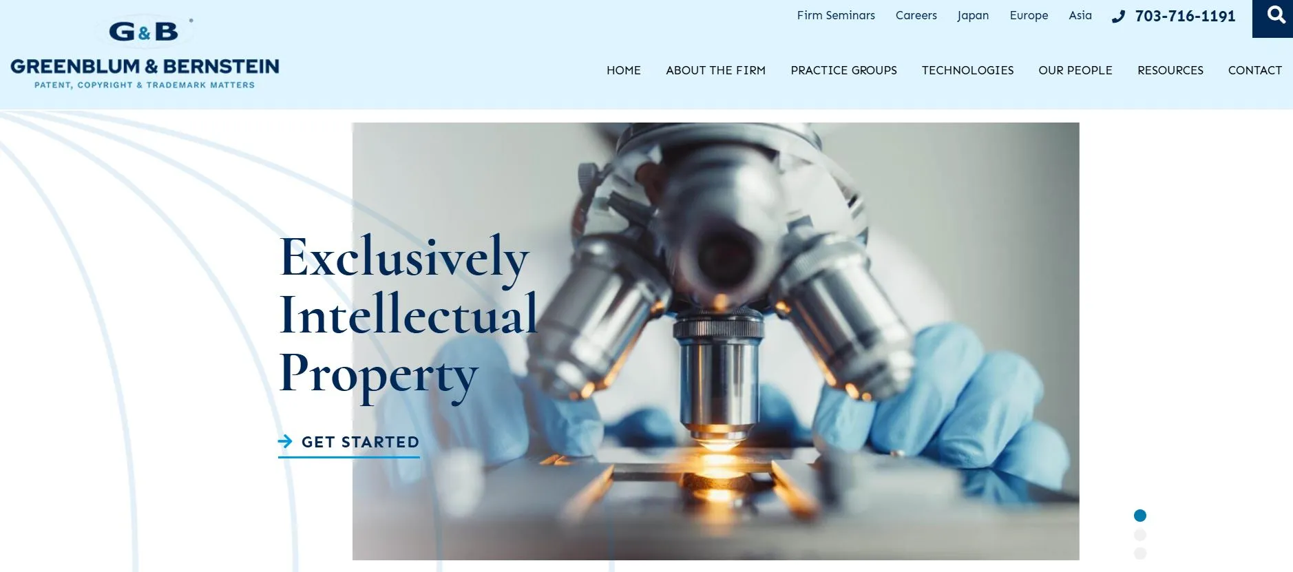 Gloved hands adjusting a microscope, with text: "Exclusively Intellectual Property.