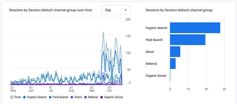 Line graph and bar chart showing website sessions by source, Organic Search leads both graphs.