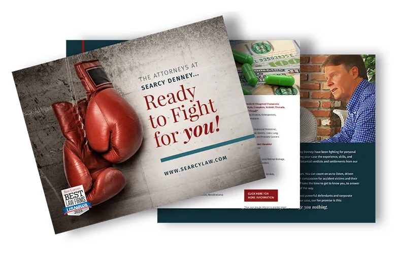 Boxing gloves and legal text promoting Searcy Denney attorneys' readiness to fight for clients.