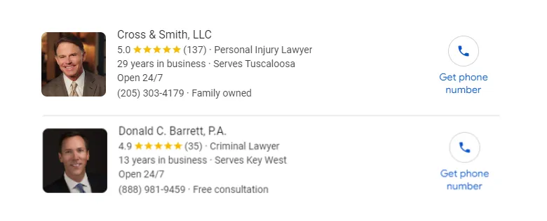 Two lawyer listings with star ratings, contact info, and business details displayed.