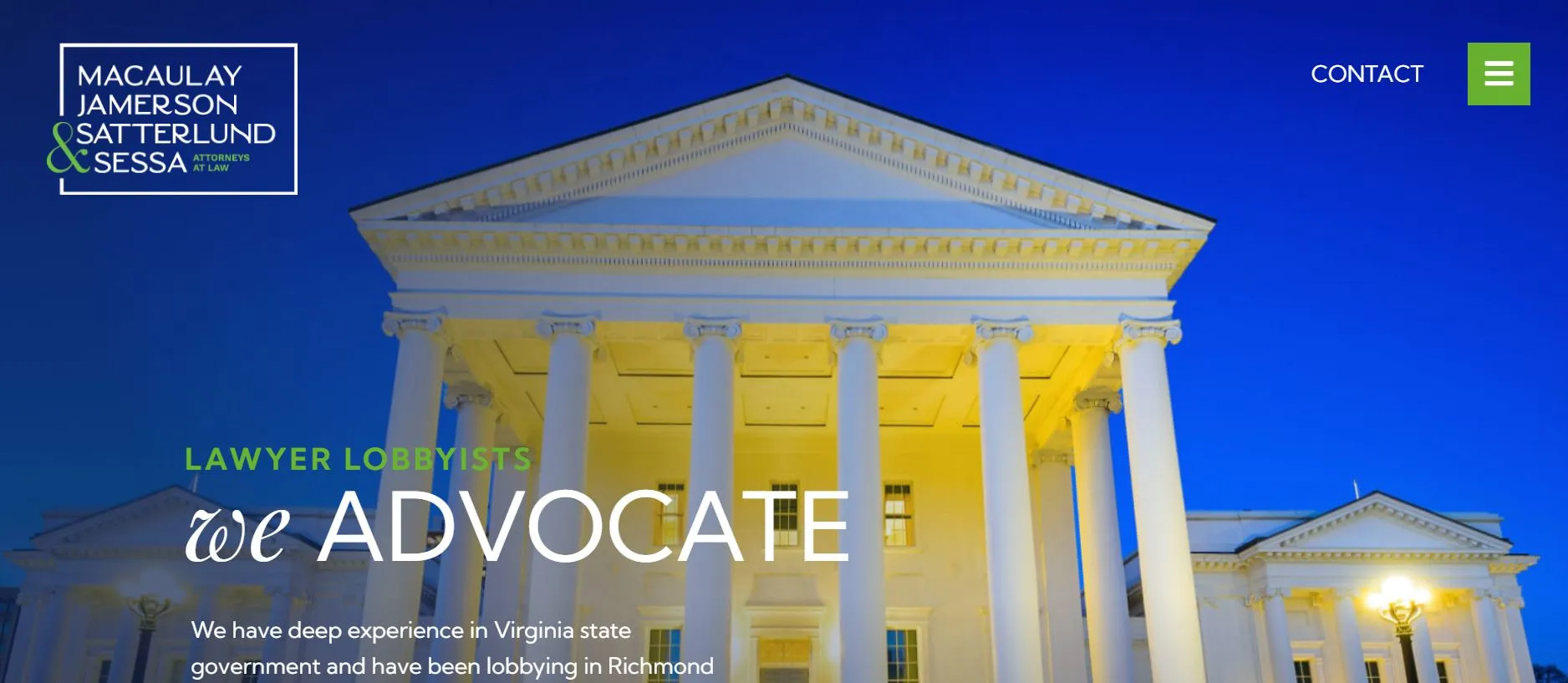 White-columned government building at dusk with law firm information and contact button overlay.