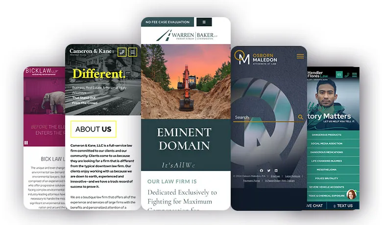 Five different law firm website homepages displayed on mobile screens side by side.