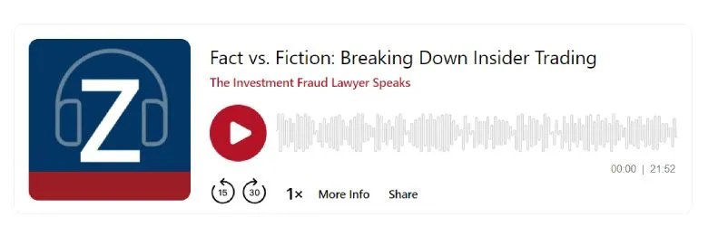 Podcast episode titled "Fact vs. Fiction: Breaking Down Insider Trading" with play and speed options.