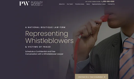Person in suit blows whistle; text advertises law firm representing whistleblowers and fraud victims.