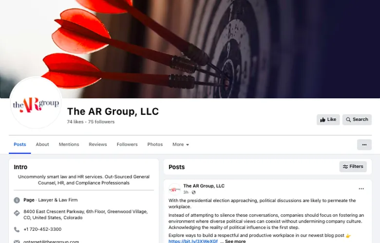 Three red darts hit the bullseye on a dartboard, with The AR Group, LLC Facebook page displayed.