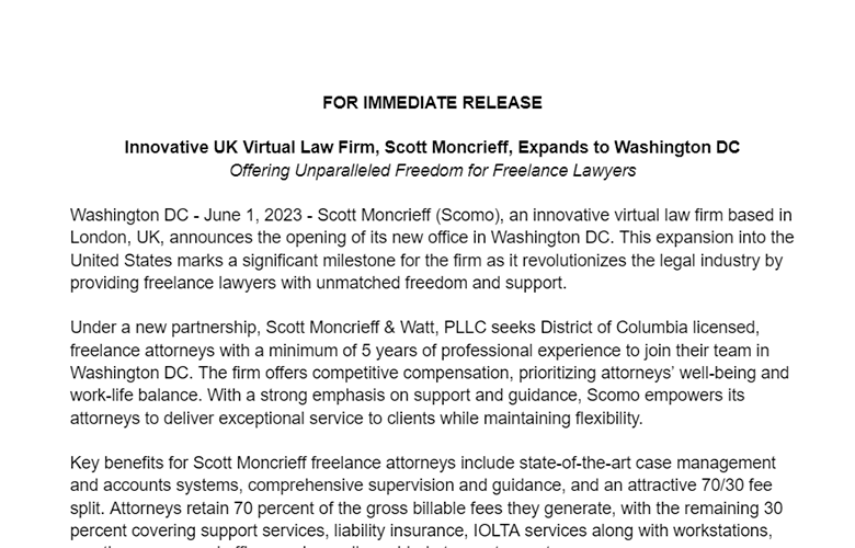 Press release announcing the expansion of a UK virtual law firm to Washington, DC.