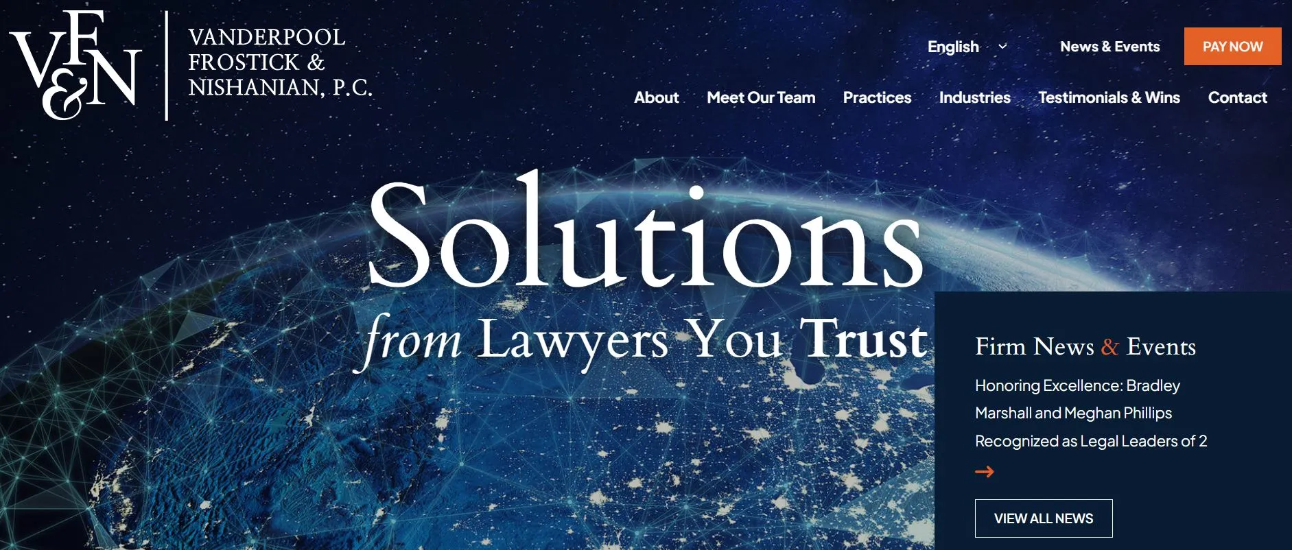 Homepage of a law firm featuring "Solutions from Lawyers You Trust" over a blue globe graphic.