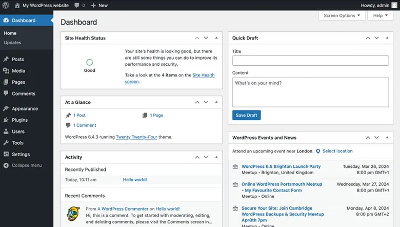 WordPress dashboard displaying site status, recent activity, and quick draft section.