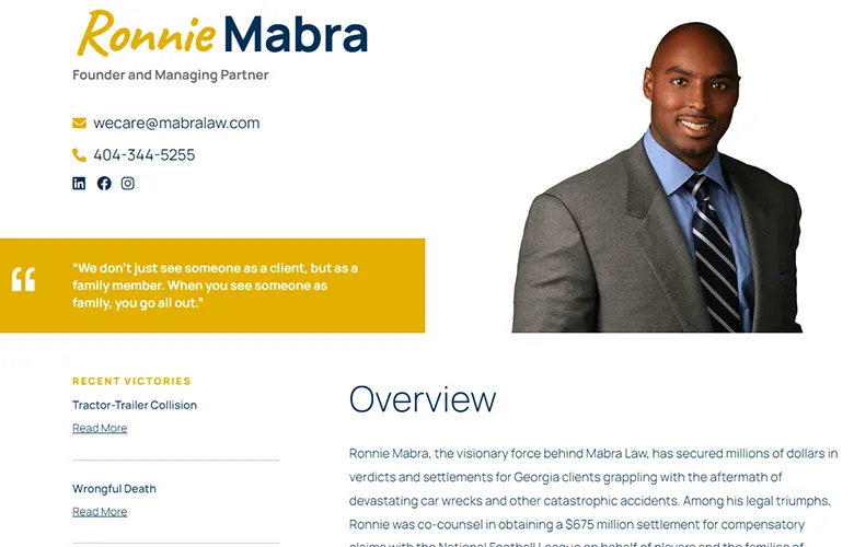 A professional man in a suit stands next to contact info and a law firm's overview section.