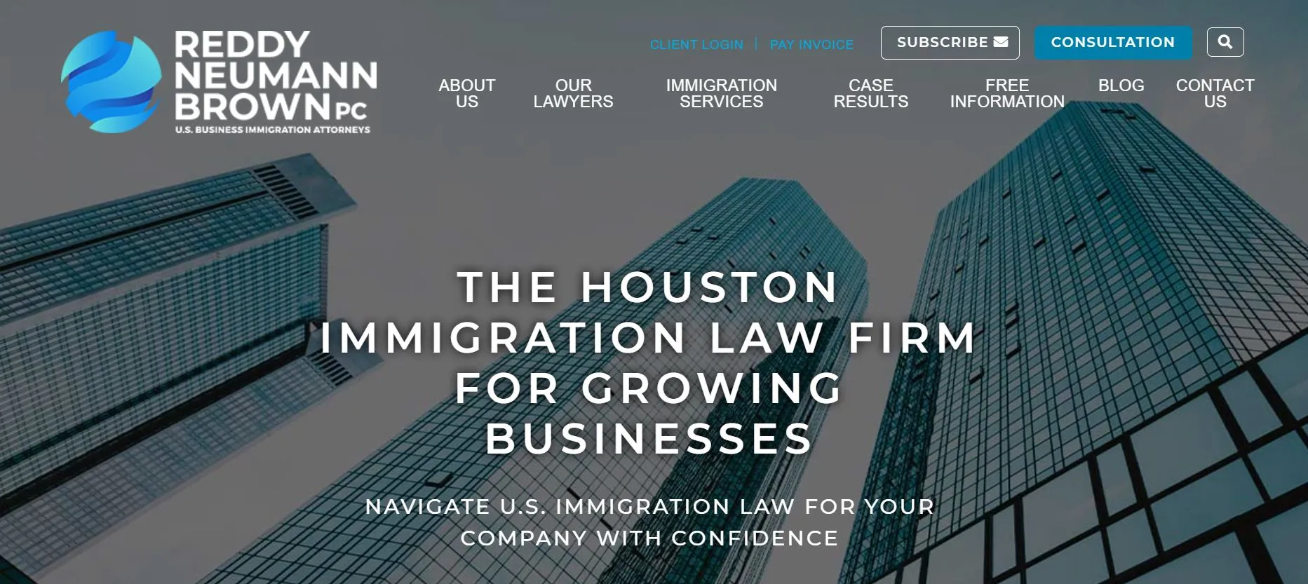 Skyscrapers with Reddy Neumann Brown PC immigration law firm website text overlay.