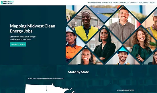 Website showing "Mapping Midwest Clean Energy Jobs" with portraits of diverse professionals.