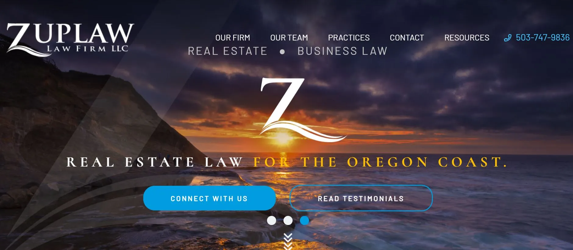 Website homepage for Zuplaw Law Firm with menu options and a coastal background at sunset.