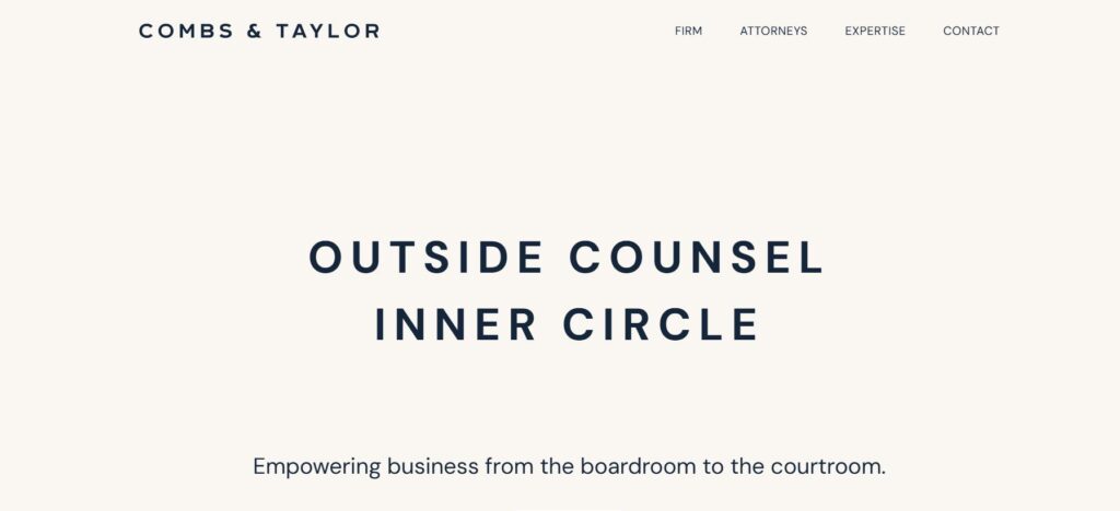 Combs & Taylor website with the text "Outside Counsel Inner Circle" and navigation links.