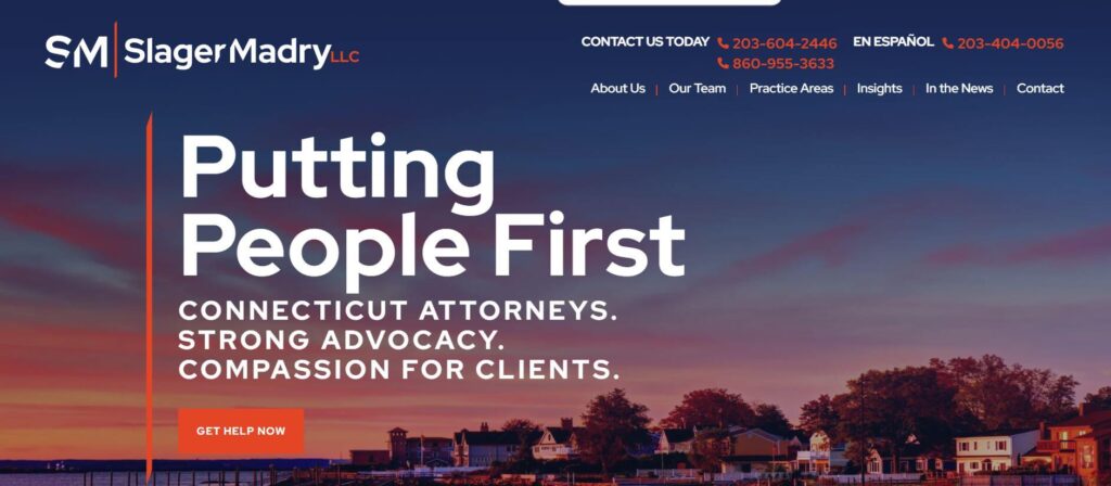 Slager Madry and Walsworth Law Firm website header with contact info, "Putting People First.