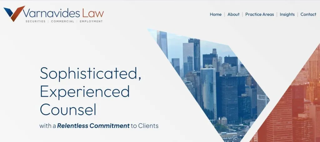 Walsworth Law Firm homepage with city skyline and firm’s tagline displayed prominently.