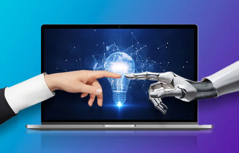 A human and robot hand reach on a laptop screen—The Bold Future of Content Marketing for Lawyers.