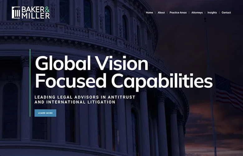 Baker & Miller law firm website with slogan, partial view of a government building, and New Mexico Law Firm Marketing.