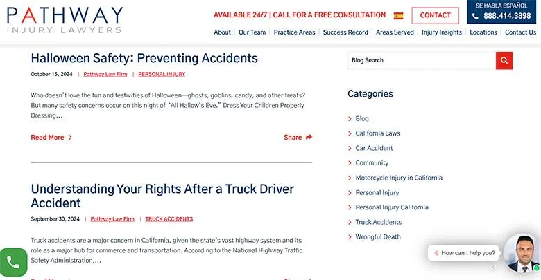 Screenshot of a law firm website showing articles on Halloween safety and truck driver accidents.