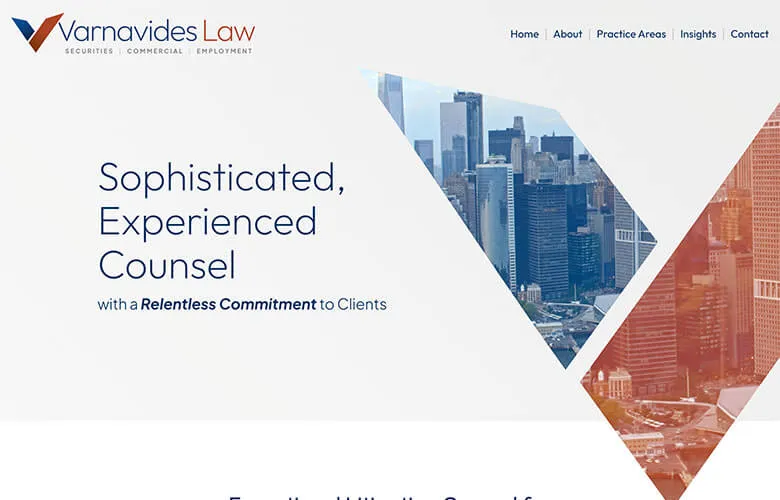Varnavides Law homepage with city skyline, legal counsel info, and Delaware Law Firm Marketing.