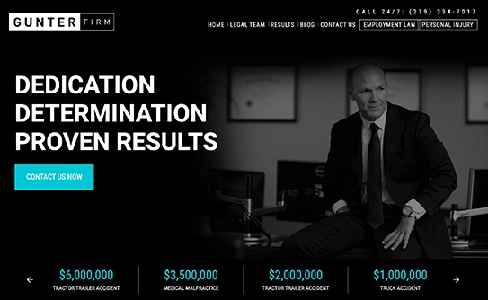 Man in a suit sits at a desk; text highlights law firm's dedication and case results.