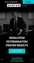 Man in a suit sitting on a desk with text about dedication and contact information for a law firm.