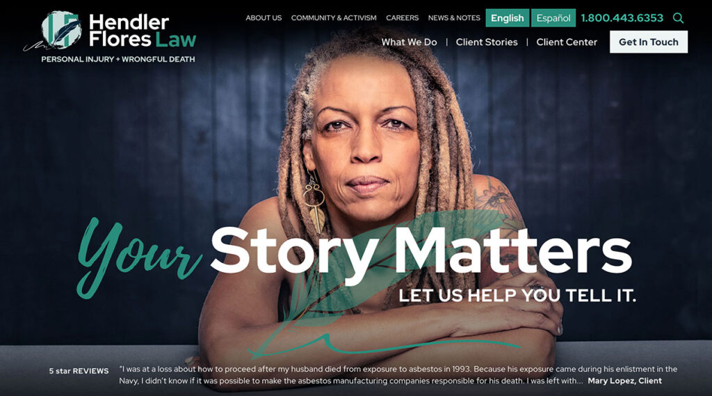 Woman with long blonde braids looks at camera on a law firm website with the text "Your Story Matters.