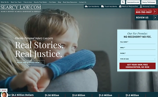 Young boy hugs adult; website highlights Personal Injury Law services by the firm.