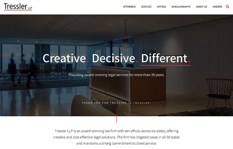 Modern law firm lobby with "Tressler LLP" signage—case study of a website built in 75 days.