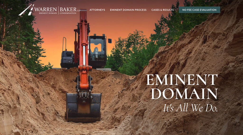 Excavator digging in sand with sunset sky; "Eminent Domain" text overlay on image.